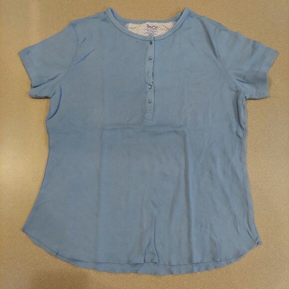 TeeCo Shirt Women's Size Large Quarter Button Blue Short Sleeve Top - Picture 1 of 6